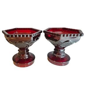 Pair of Avon Cape Cod Ruby Red Glass Candy Dish Reversed Candle Holder EUC